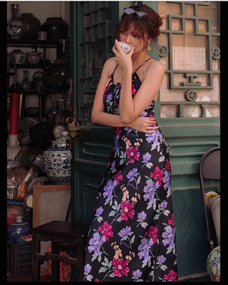 碎花抽绳连衣裙Dress紫色吊带裙