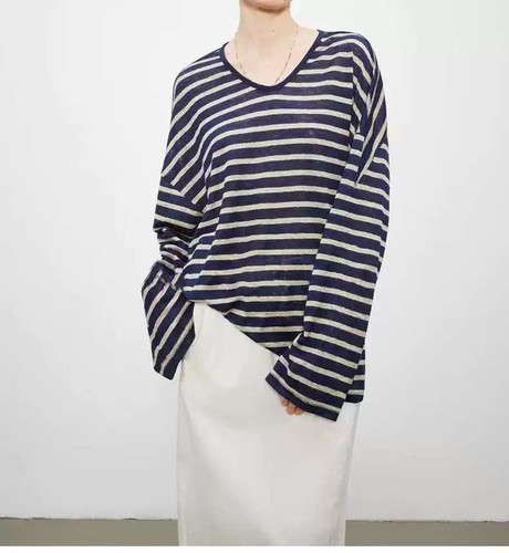 开间/时髦B入 日本进口苣轻薄亚麻色织条纹落肩分割宽松懒人长袖T