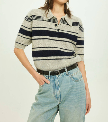 开间/强推B入 时髦拼色条纹蓬松轻盈羊毛POLO翻领短袖针织衫