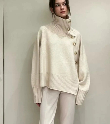 韩国ROMAN【金裕贞同款】羊毛羊绒斜纽扣针织上衣宽松高领针织衫