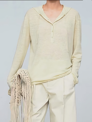 CHIC 凉感混色肌理有机亚麻夹花纱 松弛复古亨利连帽/圆领上衣