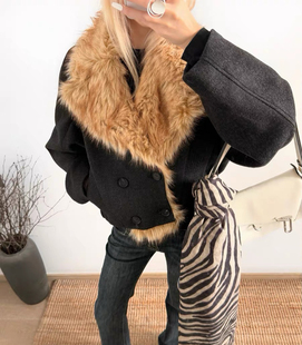 宽松短上衣 设计师品牌深灰色拼接皮草毛呢外套女冬季 SIP 高品质