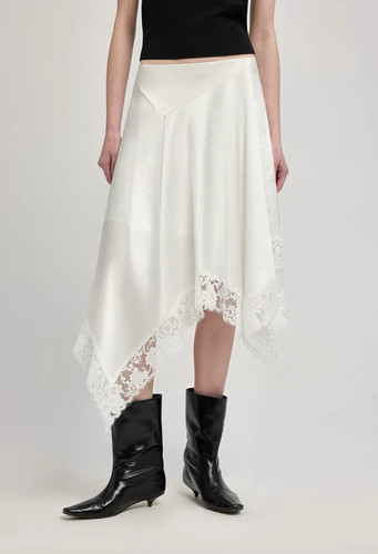 开间/原创美国伊士曼缎光皱感1oo%醋酸 灵动不规则拼接蕾丝半裙