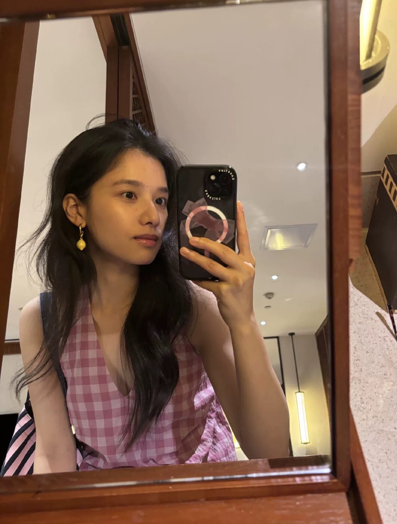 North 张婧仪同款 三色经典格纹系带挂脖深v露背上衣