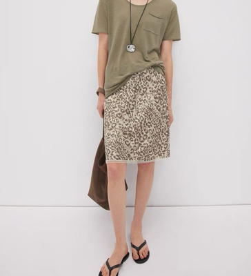 CHICJ落日豹/烟熏豹_獨家豹纹印花砂洗素绉缎真丝松紧腰长/中裙