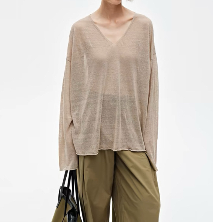 jaja假日感干爽轻薄亚麻v领肌理感百搭针织防晒衫