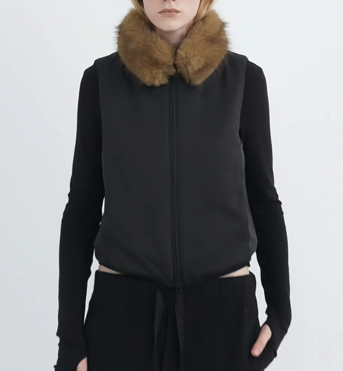 RARELY 高品质布料100还原 可拆卸毛领棉服马甲 黑色