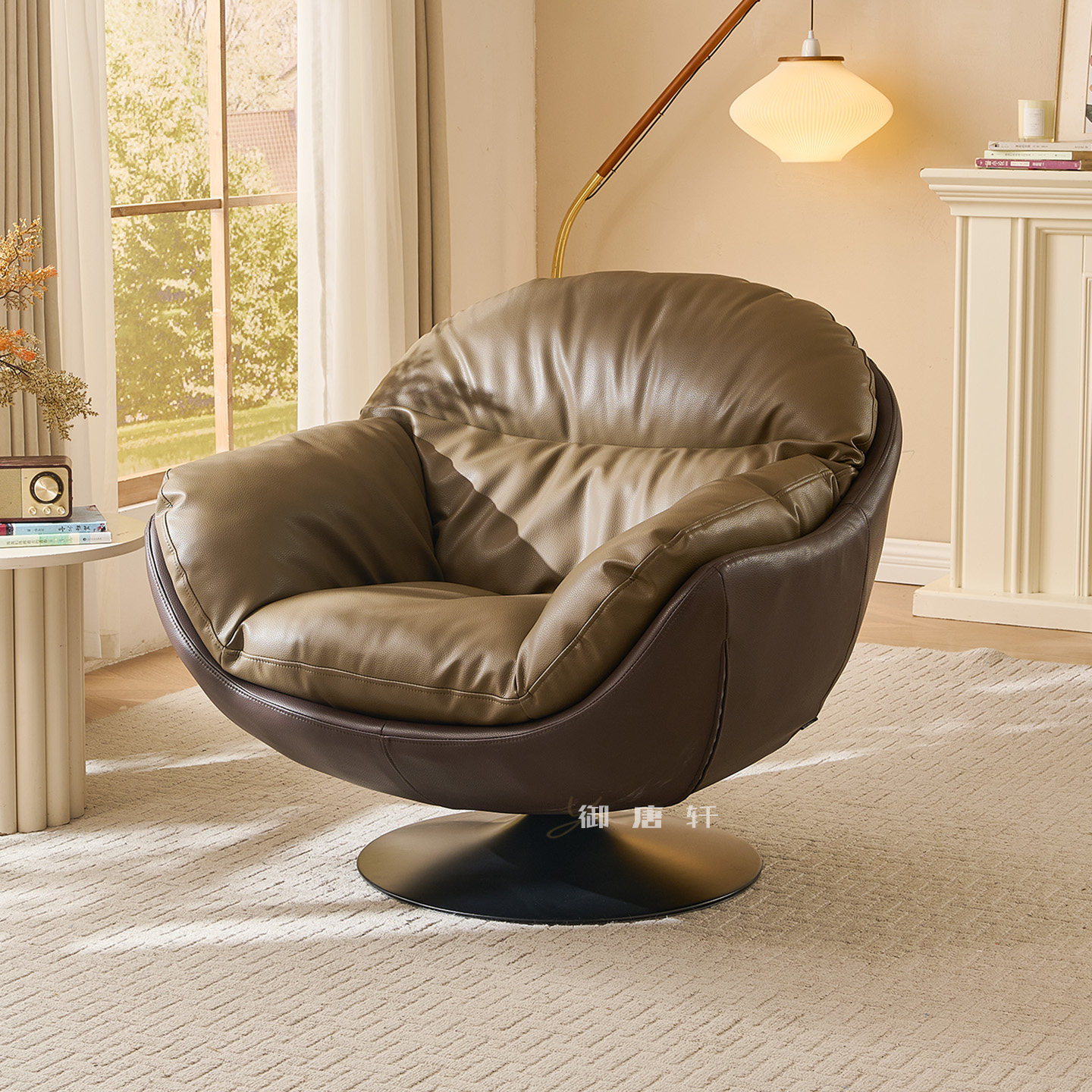 御唐轩简约旋转单人沙发椅客厅皮质休闲椅高级感懒人沙发阳台单椅