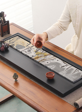 天然国画石乌金石茶盘整块家用现代简约石头茶台石材茶海茶具套装