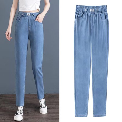 高腰天丝哈伦牛仔裤女2025夏季薄款宽松直筒休闲超薄冰丝九分裤子