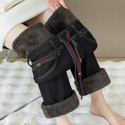 特厚羊羔绒直筒牛仔裤女冬季新款松紧腰加绒窄版阔腿裤加厚拖地裤