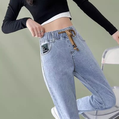 秋季新款高腰牛仔裤女士窄版直筒裤小个子松紧腰显瘦烟管休闲裤子