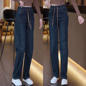 女冬季 拖地裤 2025新款 加绒松紧腰牛仔裤 高腰窄版 直筒裤 加厚阔腿裤
