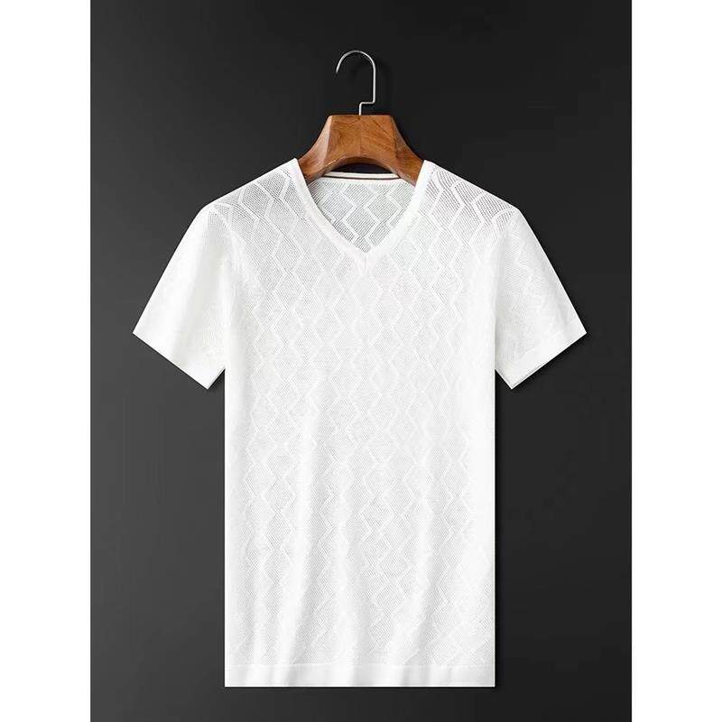 轻奢薄款冰丝白色v领短袖男时尚舒适帅气韩版凉爽镂空修身半袖t恤