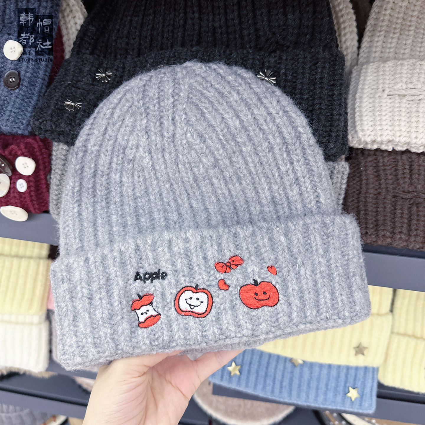 卡通苹果刺绣针织帽女甜酷毛线帽