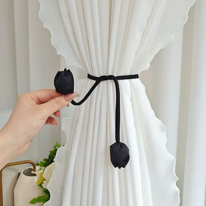 新款酒红米黑法式高级感郁金香花朵可调节窗帘绑带纱帘收纳束带