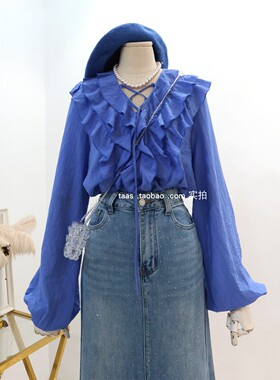 法式高级定染荷叶边上衣2026春夏宝石蓝精致长袖V领仙气精致衬衫