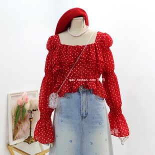 显白的红色上衣2026春夏法式少女泡泡袖波点荷叶边高腰雪纺衫衬衫