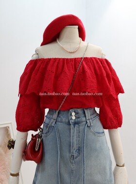 法式荷叶边一字领刺绣花朵高级定染娃娃衫2026夏大红色蕾丝衫上衣