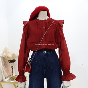 衬衫 2025秋复古森系学院风显白长袖 荷叶边高级蕾丝拼接娃娃衫 法式