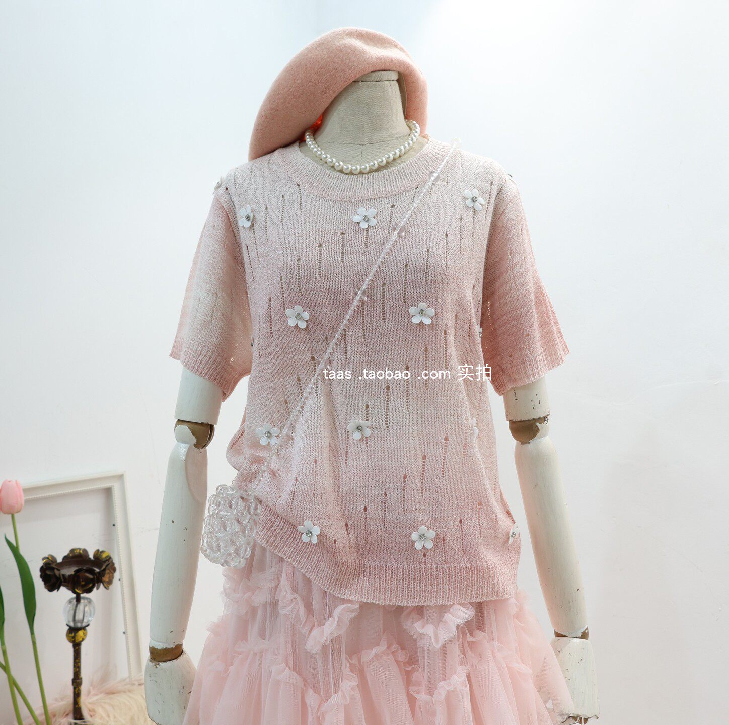 粉色仙气立体花朵印染上衣2026夏季法式松弛感舒适圆领套头针织衫
