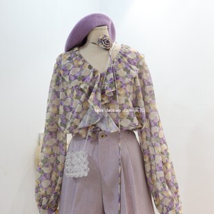 紫色仙气油画花衫2026春夏法式温柔荷叶边V领花朵轻薄雪纺衫上衣