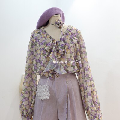 紫色法式温柔V领荷叶边雪纺衫