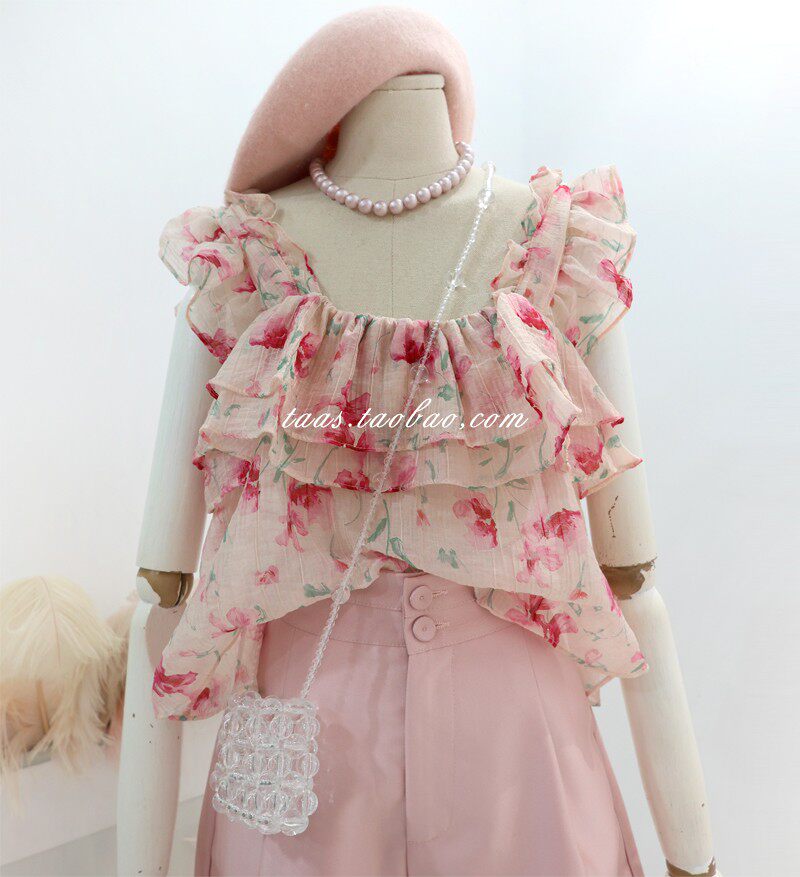 法式仙气荷叶边郁金香飞飞袖背心上衣娃娃衫2024夏少女温柔雪纺衫