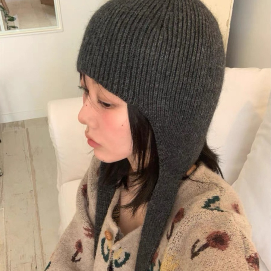 韩国东大门鬼马少女安哥拉兔毛绒绒纯色护耳绑带飞行针织毛线帽
