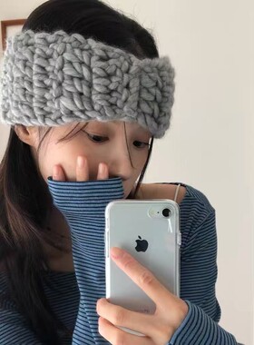 出口韩国/纯色手工钩针百搭简约针织发带护耳保暖秋冬头带ins
