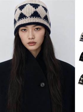 高比例羊毛韩国设计师品牌菱格冷帽女冬季新款提花针织帽