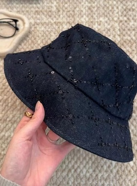 正版型！亮片深牛仔藏蓝色重工水钻气质盆帽显脸小水桶帽女渔夫帽