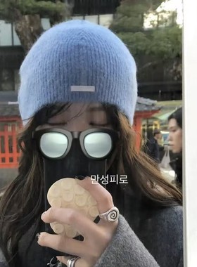 韩代同款~简约百搭软糯针织冷帽毛线帽保暖包头蓝色秋冬新款女