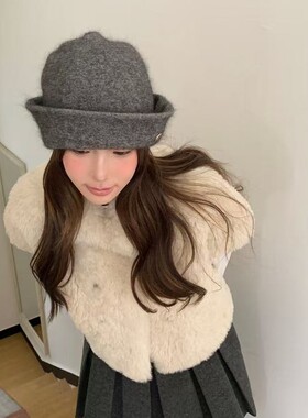 气质小礼帽~甜美千金风兔毛纯色翻边包头保暖秋冬渔夫帽盆帽女