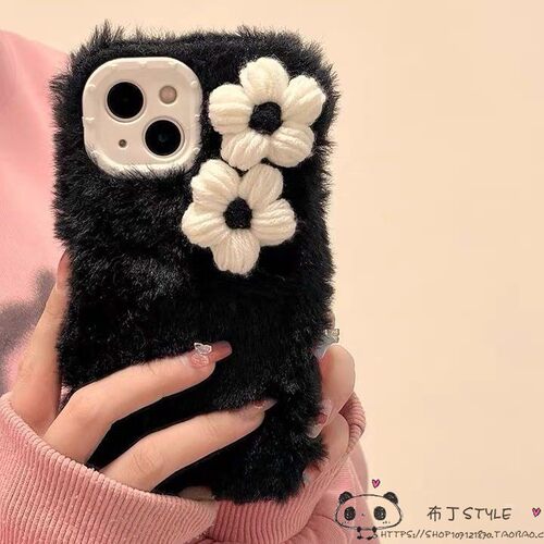 毛绒小黑花OPPO find x9手机壳8ultra/7reno4se网红k5/a3/a6冬2pro可爱1女realme15真我GT/a78+/a36a96/a97