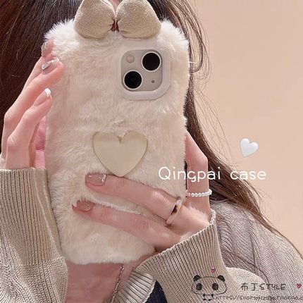 秋冬毛绒爱心适用小米14手机壳note13pro少女civi3红米k7蝴蝶结12青春10lite/11/9a/12mix4/k60s/k50/k40至尊
