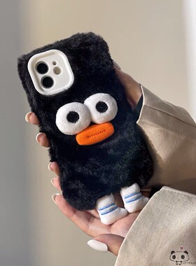 毛绒卡通香肠嘴适用iPhone15pro手机壳14pro max黑色13mini男11苹果12秋冬7plus搞怪se2毛茸茸x8r女款6s/i5软