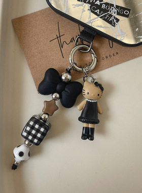 Clove 黑皮长腿KT猫手机链吊坠可爱黑色蝴蝶结钥匙扣学生书包挂件