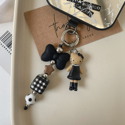 黑皮KT猫手机链吊坠蝴蝶结钥匙扣