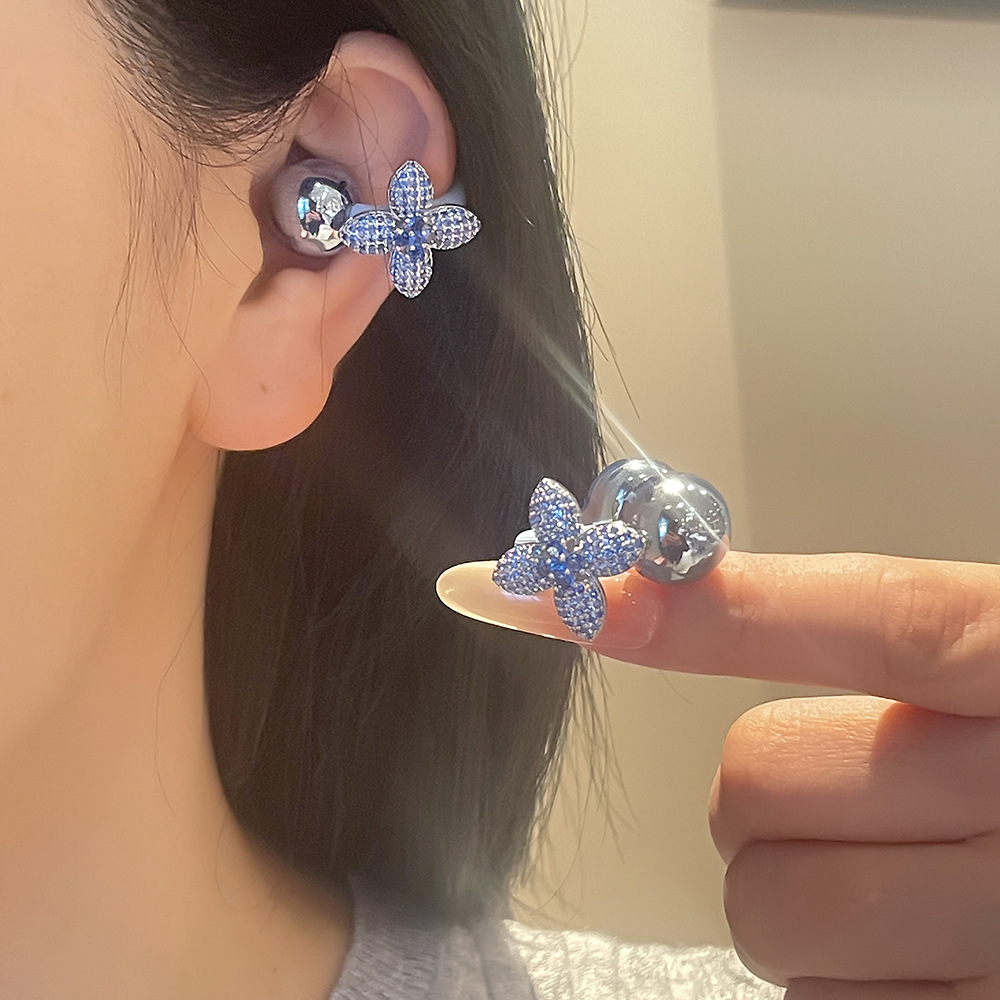 蓝色闪钻四叶草耳机钻扣耳机夹女