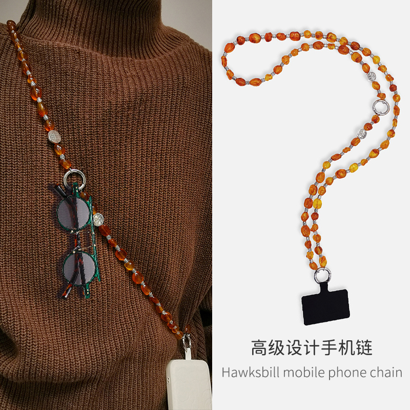 高级手机链条斜跨仿玳瑁珠手腕绳