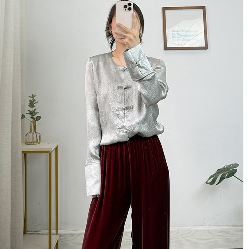 出口单！新中式树皮绉醋酸衬衫女春夏季长袖衬衣