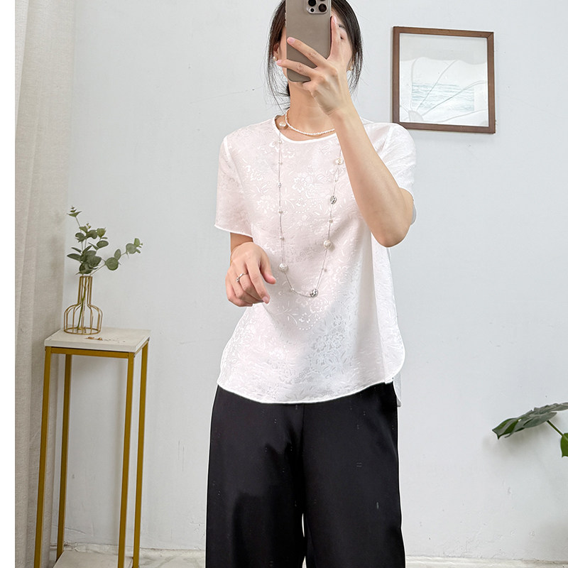 非遗100桑蚕丝螺钿正绢真丝短袖上衣圆领白色T恤女夏薄款宽松休闲