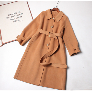 驼色双面呢大衣女中长款 系带气质宽松高端双面羊毛呢外套