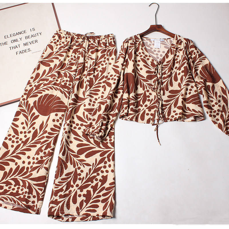 外贸出口单~灯笼袖长袖衬衫女 夏季天丝套装罩衫法式阔腿裤长裤子