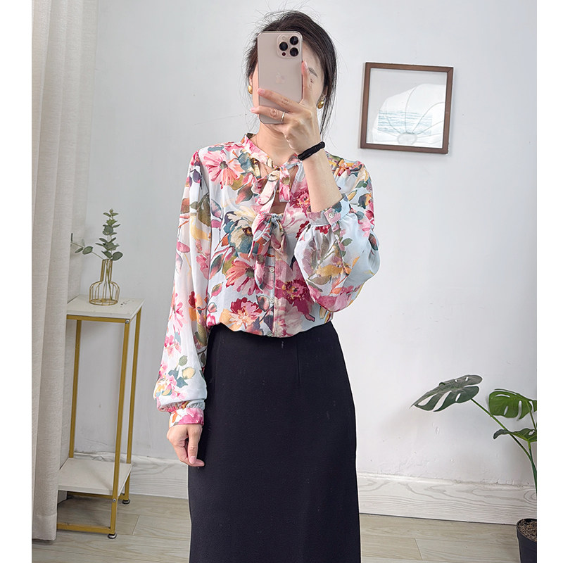 出口单~浪漫至上花色雪纺上衣女 春夏灯笼袖防晒衬衫宽松漂亮小衫