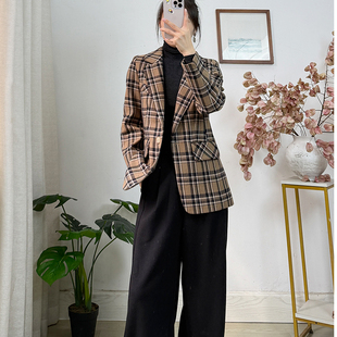 格子精纺羊毛呢西装外套女26秋季英伦风羊毛呢子西服