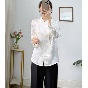 小重缎70桑蚕丝提花冠乐绉真丝衬衫女新中式秋季宽松立领国风上衣