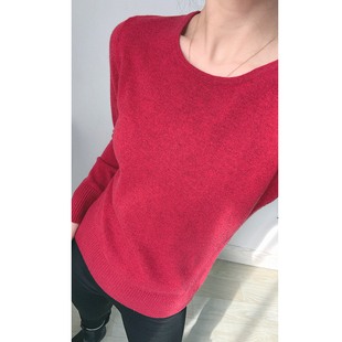 云~多 篙贵深红~100%山羊绒衫女 显瘦2025秋冬内搭针织衫圆领毛衣