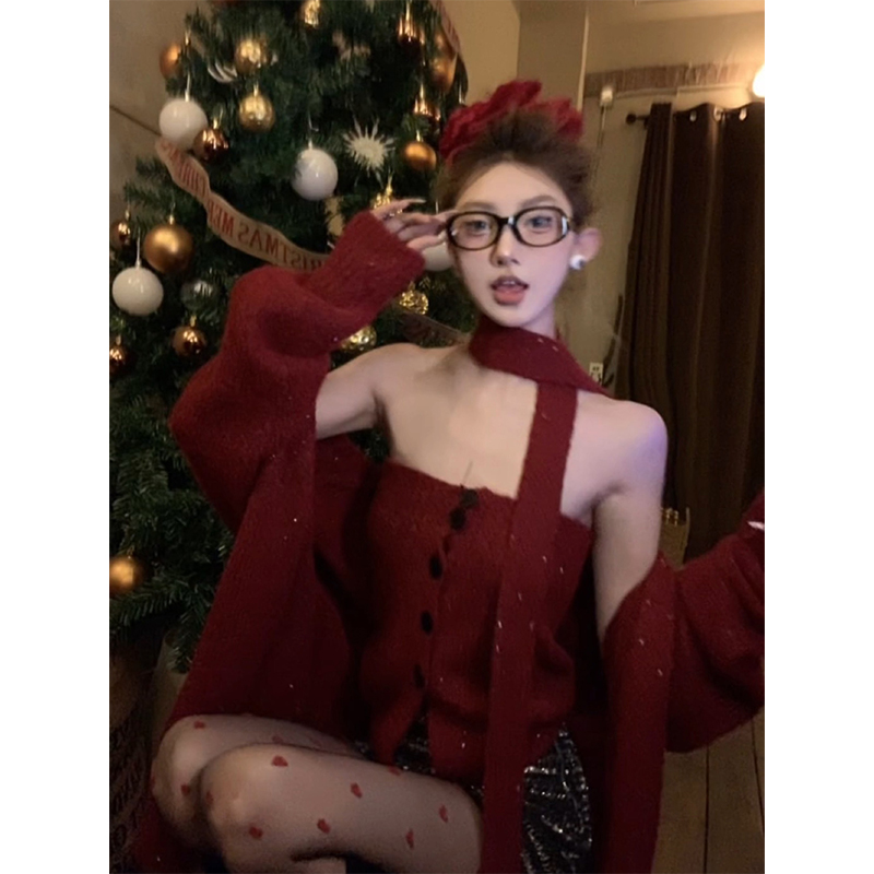 慵懒风毛衣套装女新年红色氛围感修身性感短款针织抹胸开衫两件套
